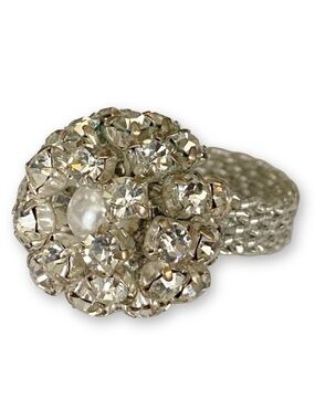 Vintage Pearl Rhinestone Cluster Ball Adjustable Silver Statement Ring